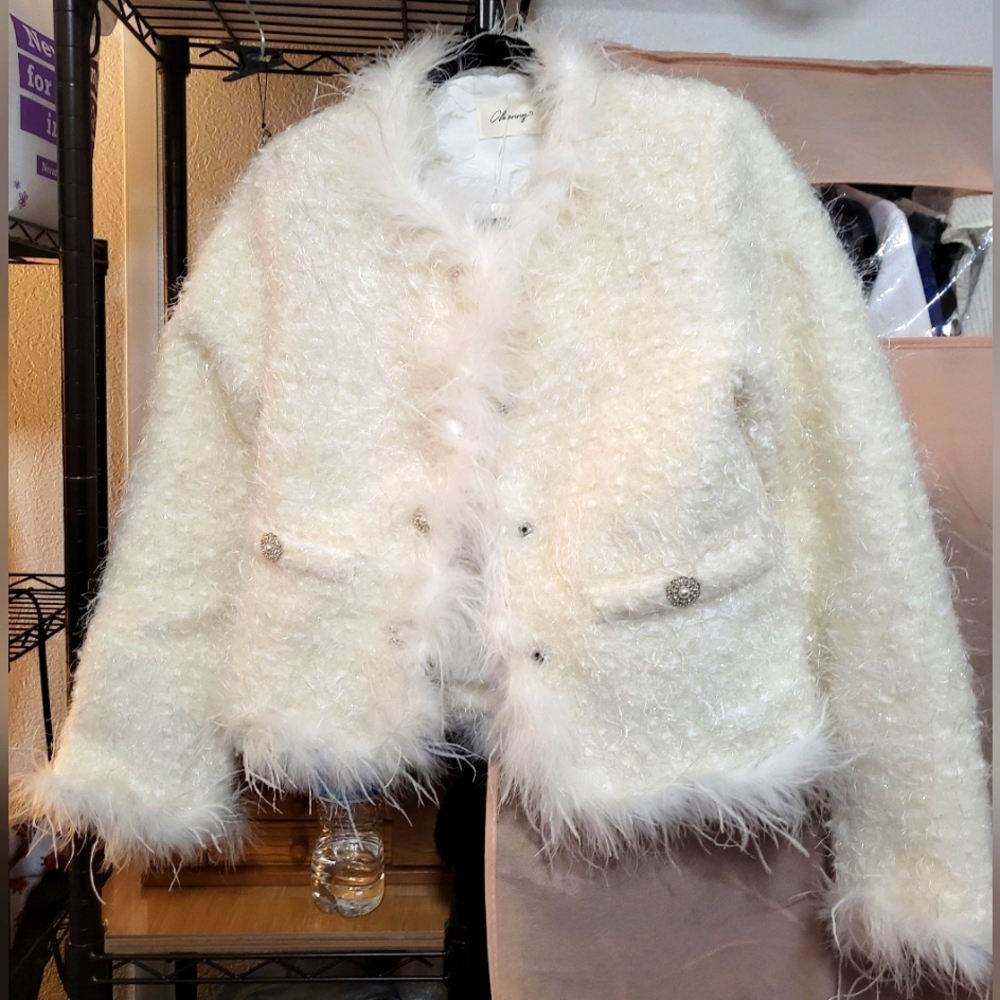 Tweed-type with faux fur white jacket [glittered] US small